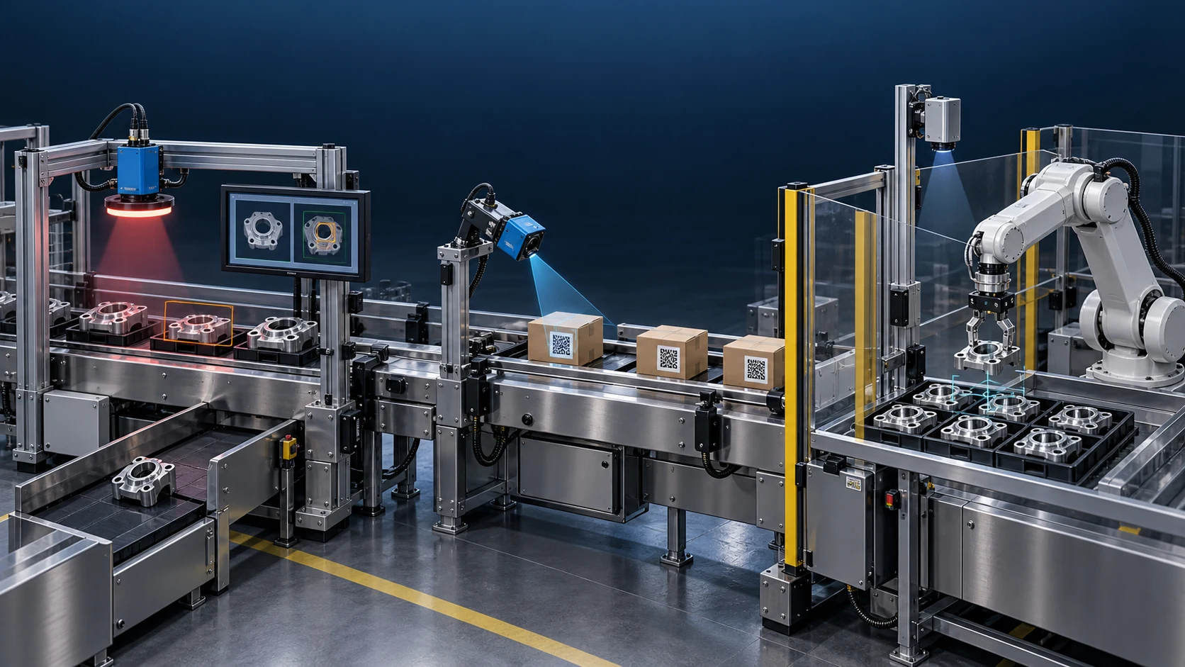 Simulation einer Produktionslinie mit drei Anwendungen: links kamerabasierte Qualitätsprüfung von Metallteilen und Ausschleusung fehlerhafter Produkte, in der Mitte Lesen von Kartoncodes, rechts Teileentnahme durch einen kamerageführten Roboter.