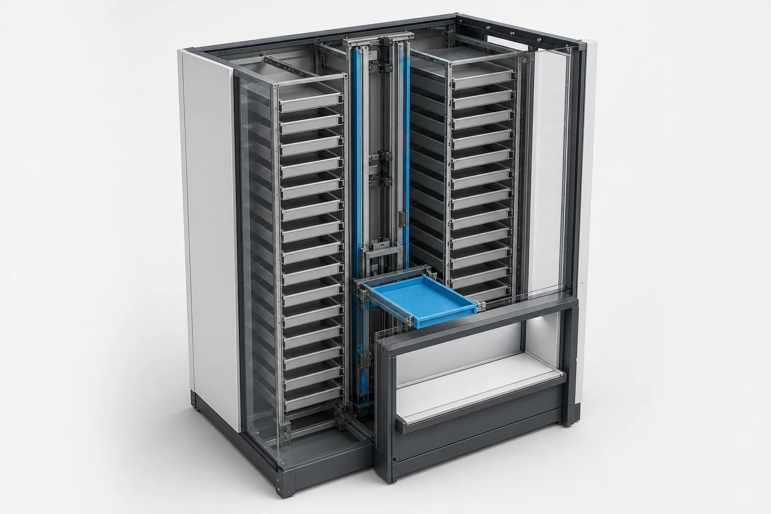 VLM-Funktionsprinzip: zwei Tablarspalten, ein zentraler Lift und ein unabhängiges Tablar, das zur Zugriffsöffnung transportiert wird