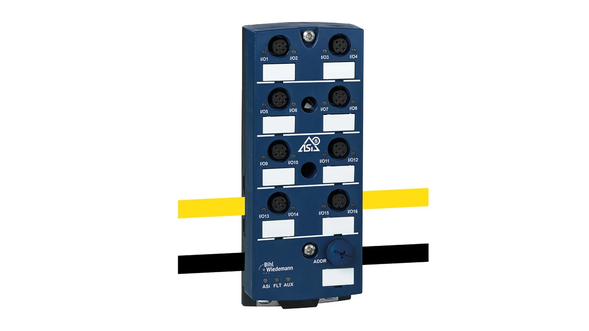 Offizielle Produktansicht des Bihl+Wiedemann BWU4230 ASi-5-IP67-Feld-I/O-Moduls mit acht M12-Anschlüssen
