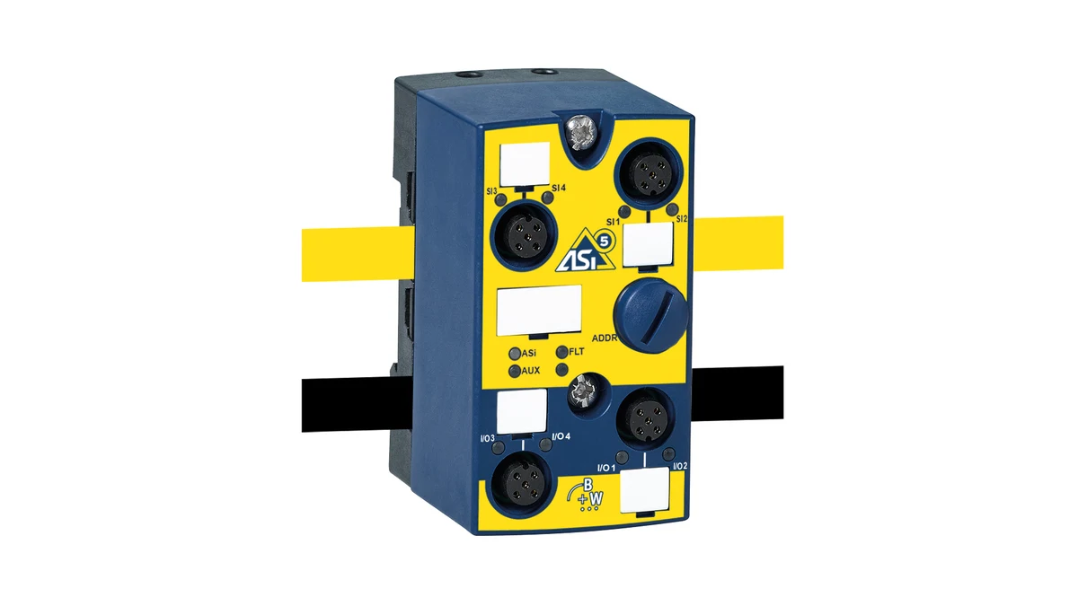 Offizielle Produktansicht des Bihl+Wiedemann BWU4393 ASi-5 Safety-IP67-Eingangsmoduls mit vier M12-Buchsen