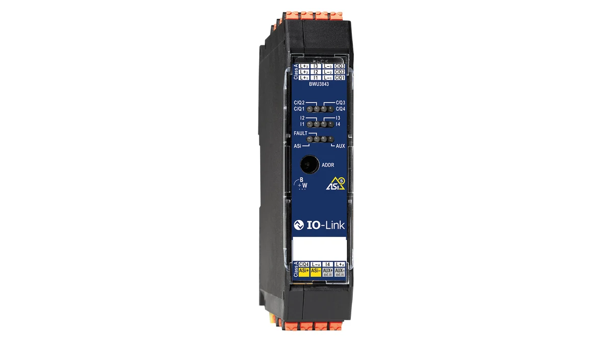 Offizielle Produktansicht des Bihl+Wiedemann BWU3843 ASi-5-IO-Link-Mastermoduls mit vier Ports in IP20