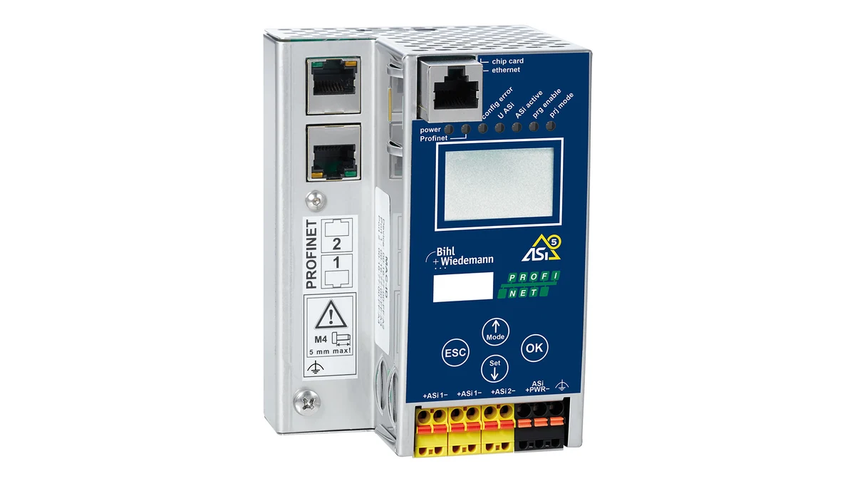 Offizielle Produktansicht des Bihl+Wiedemann BWU3852 ASi-5- und ASi-3-PROFINET-Gateways mit Doppelmaster