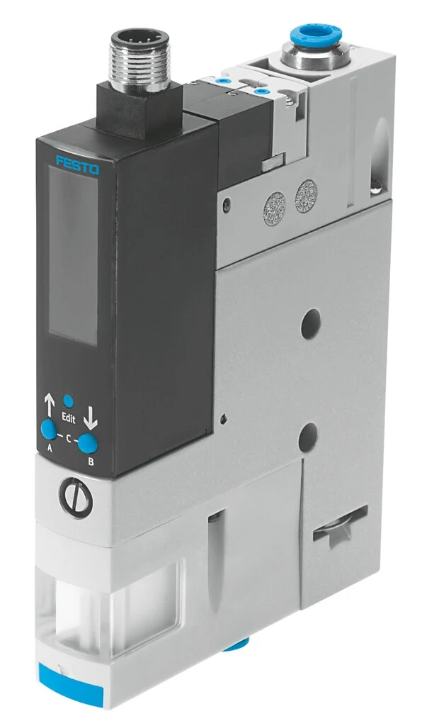Offizielle Produktansicht des pneumatischen Vakuumerzeugers Festo OVEM mit integrierter Überwachung