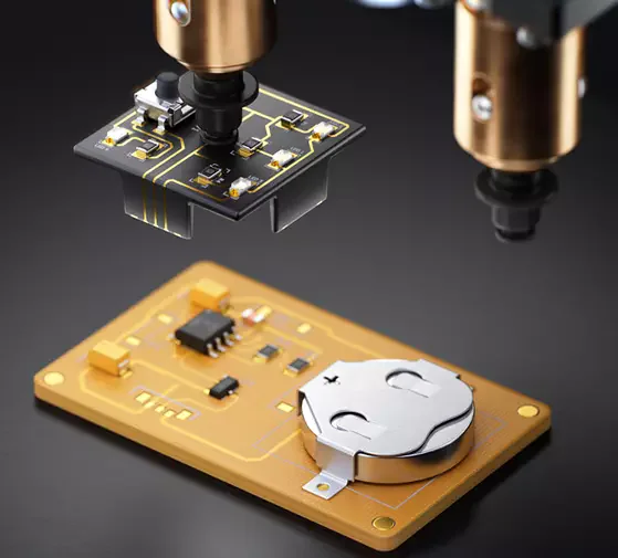 Dreidimensionale Leiterbahnen und Montage elektronischer Komponenten auf einer HARTING 3D-MID-Oberfläche