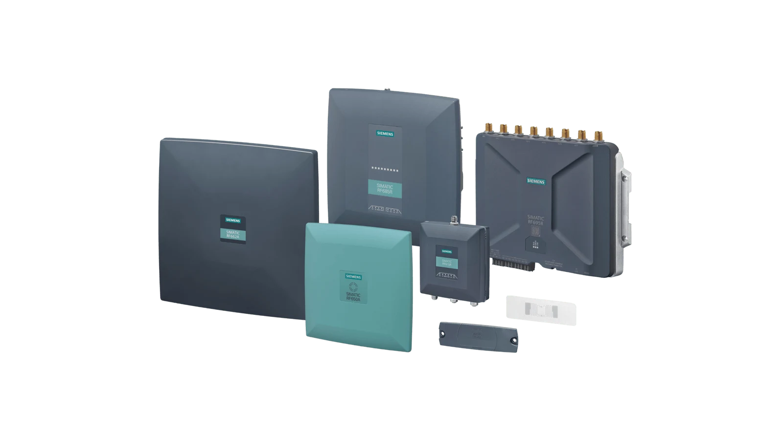 Offizielle Ansicht der Siemens SIMATIC RF600-Produktfamilie mit UHF-Lesegeräten, Antennen und Transpondern